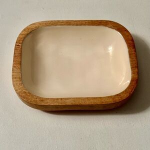 Wood and White Enameled Display Dish
